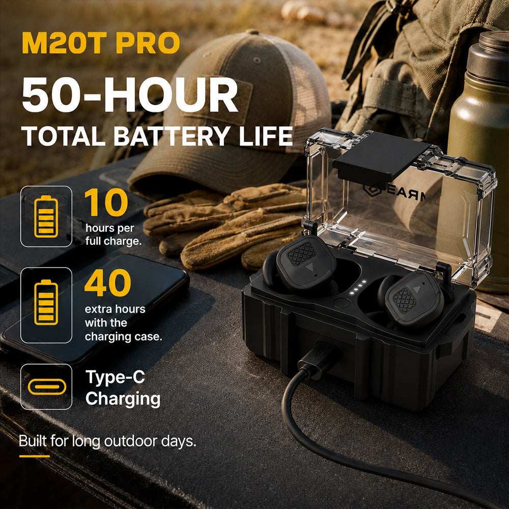 Black M20T PRO 50-hour battery life charging case with two wireless earbuds inside, shown open on a dark outdoor table 