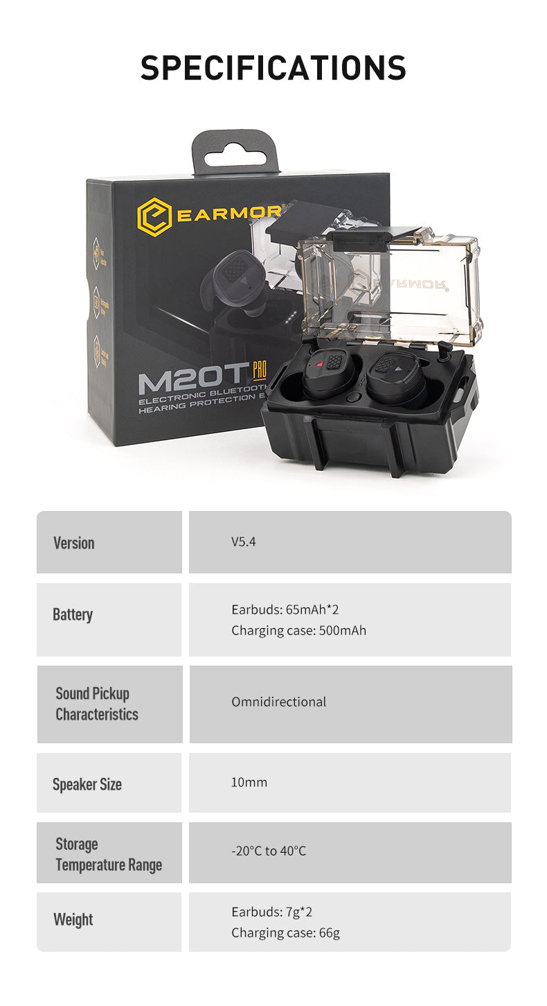 EARMOR M20T PRO Electronic Earplugs - Professional Hearing Protection for Tactical Shooting