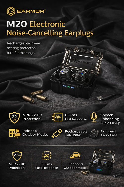 Earmor EARMOR M20 Electronic Shooting Earplugs – Rechargeable In-Ear Hearing Protection - Tactical Communication & Hearing Protection